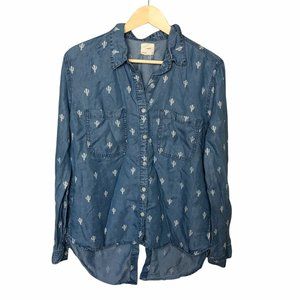 Harper Womens Shirt Button Down Chambray Denim Cactus Cacti Western Split Back L